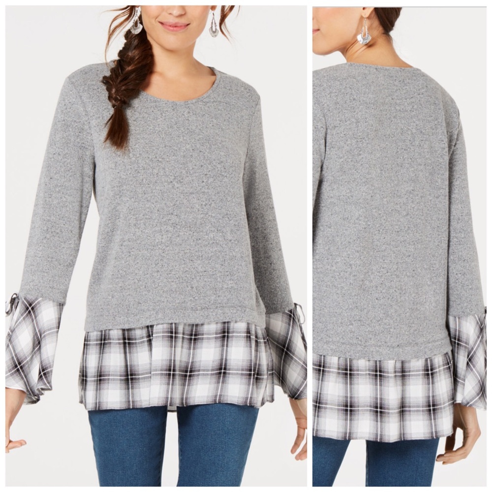 Style & Co Gray Plaid Layered Look Top Size Small